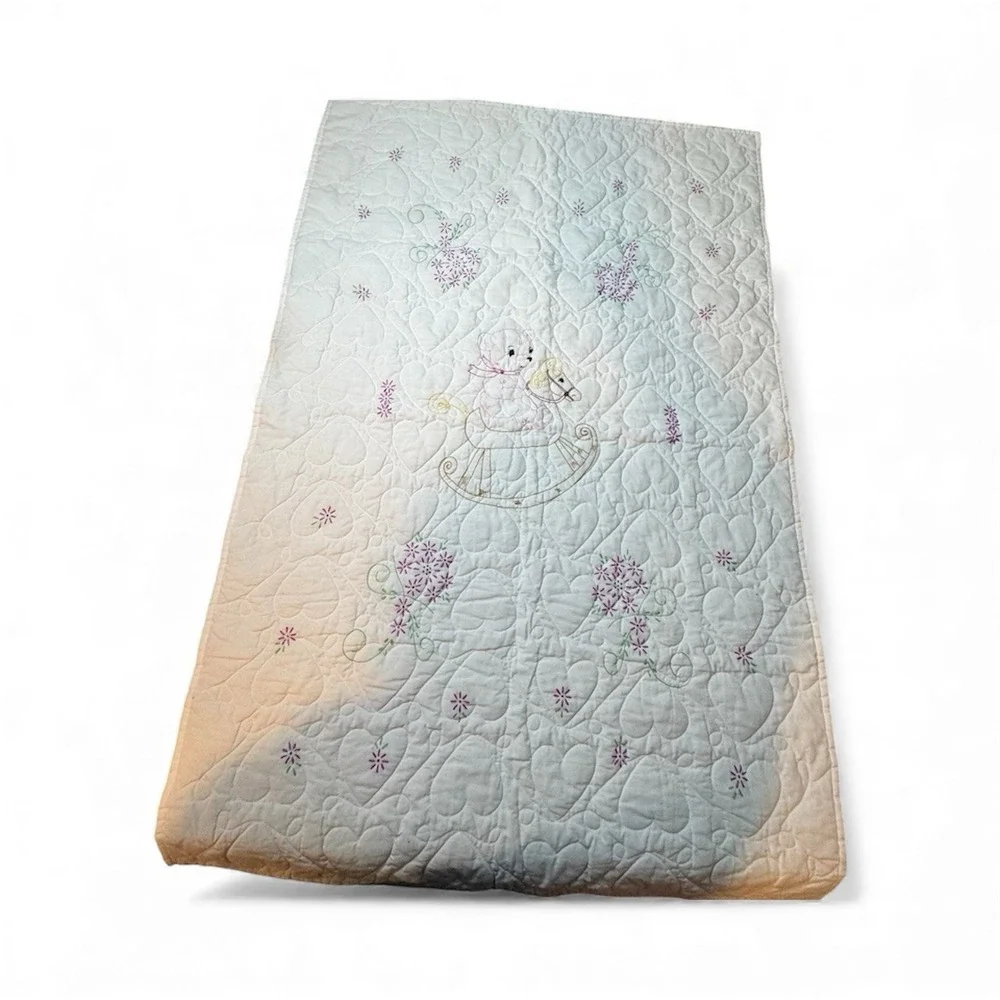 Embroidered Quilted‎ Crib Throw Bear On Rocking Horse Hand Stitched Not Complete